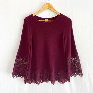 Chico’s Size 1P US MP Petite Burgundy Wine Sweater Crochet Lace Bell Sleeves